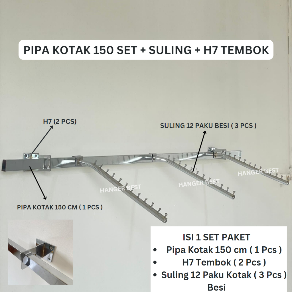 Gantungan Pipa Kotak Set 1,5 Meter Dengan Hanger Suling 3 PCS