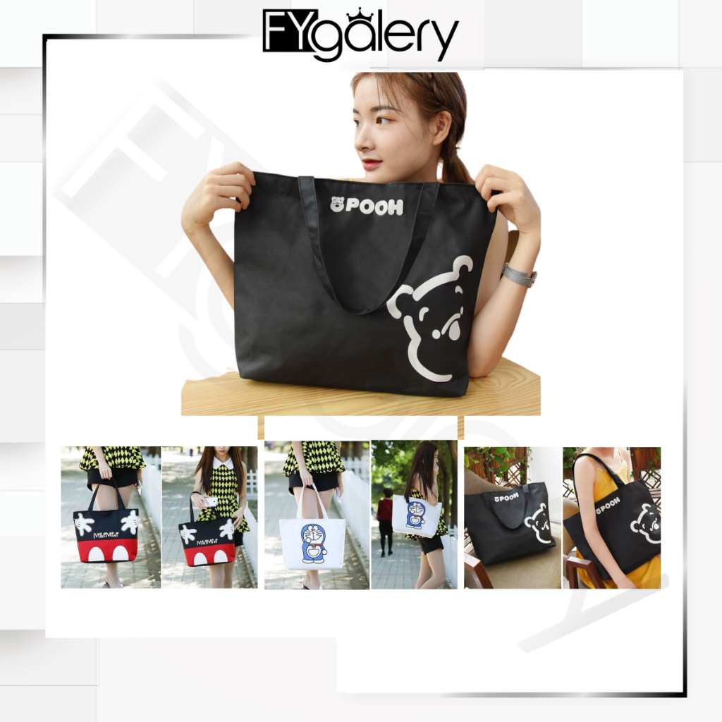 FYGALERY FYG1390 Totebag Wanita Tote Bag Resleting Kanvas Karakter Murah