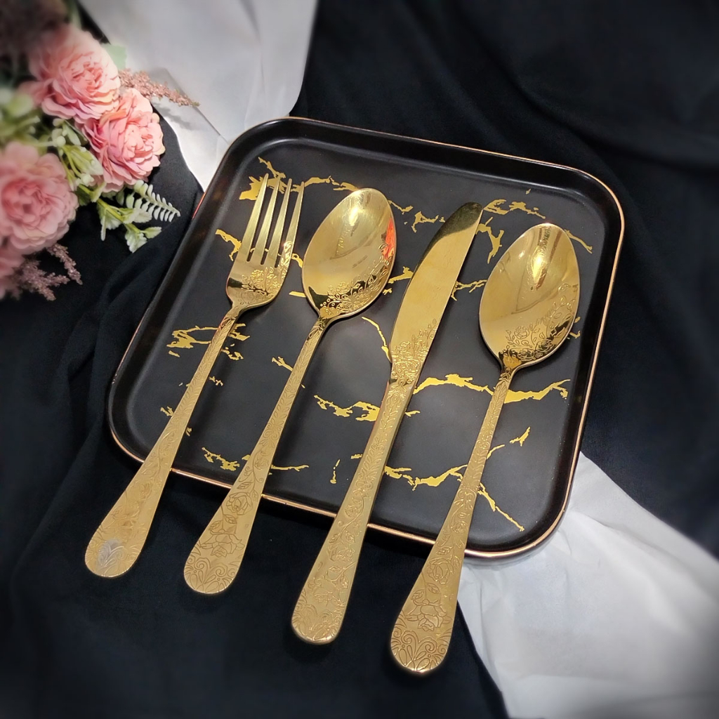 NEXXIO Sendok Garpu Pisau Gold 6pcs Motif Bunga Batik Bahan Super Premium - Stainless Steel Tebal Gold/Set Alat Makan