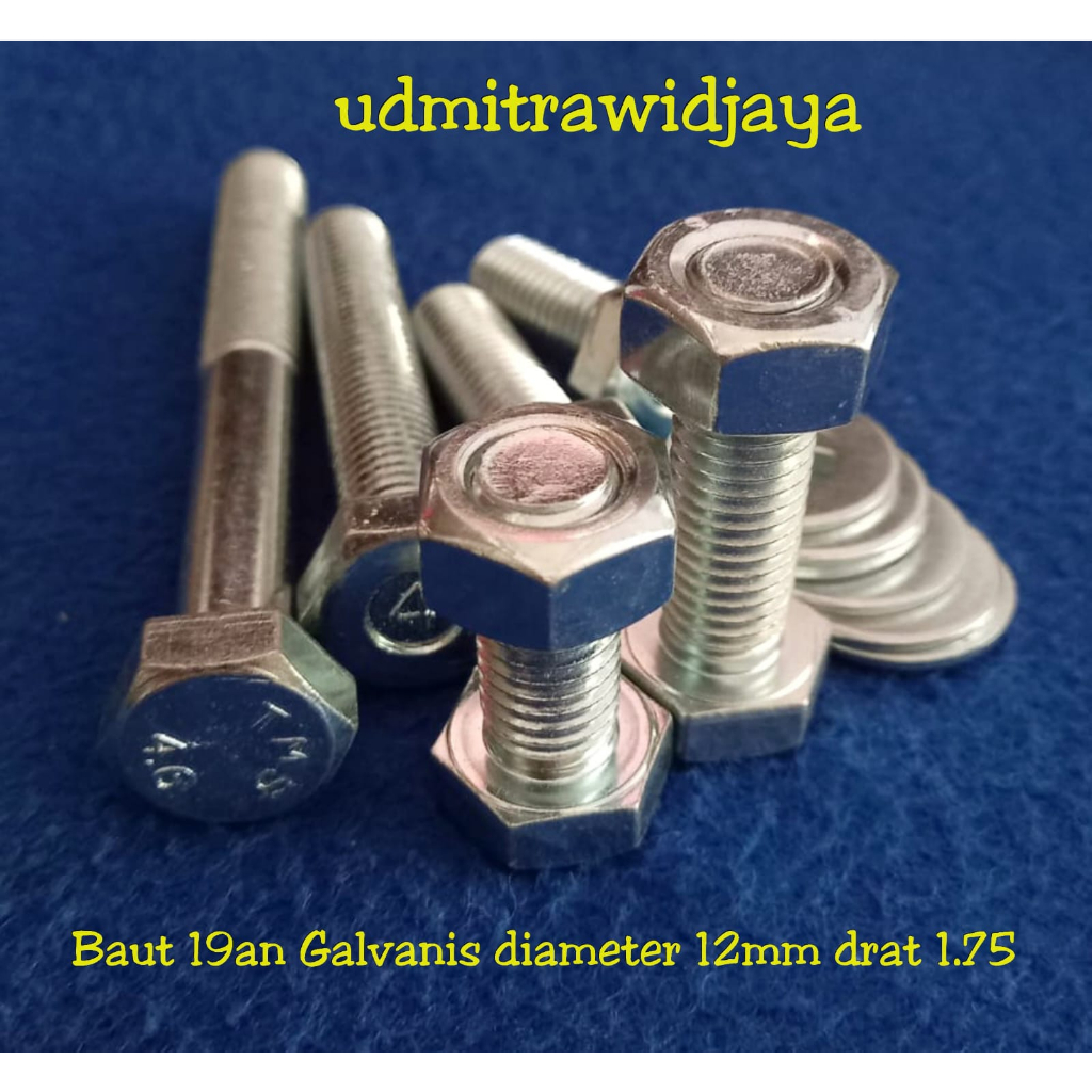 Baut kunci 19 19an baut mur galvanis M12x100mm drat P1.75 standart panjang 1cm 2cm 3cm 4cm 5cm 6cm 7cm 8cm 9cm 10cm baut galvanis M12 12mm kunci 19an 12mm 19mm baut rak susun baut pagar baut bak truck baut as giling baut perkakas rumah