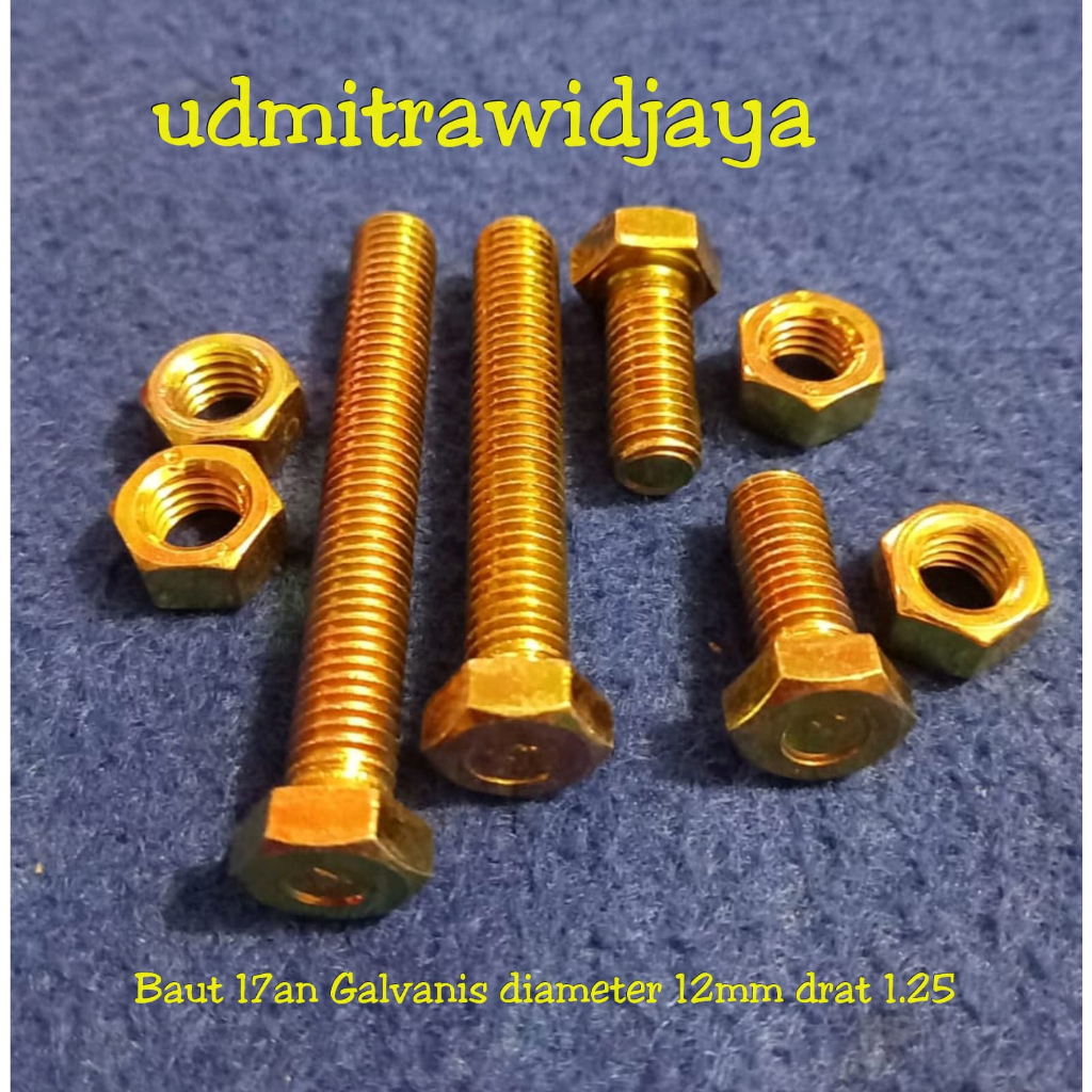 Baut kunci 17 17an baut mur galvanis M12 drat Halus dratt drat P1.25 standart panjang 1cm 2cm 3cm 4cm 5cm 6cm 7cm 8cm 9cm 10cm baut galvanis M12 12mm kunci 17an 12mm baut Nap truck baut bak truck baut as roda baut mesin industri