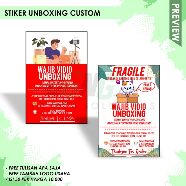 STICKER WAJIB VIDEO UNBOXING / FRAGILE CUSTOM (50 pcs) 4x6 cm