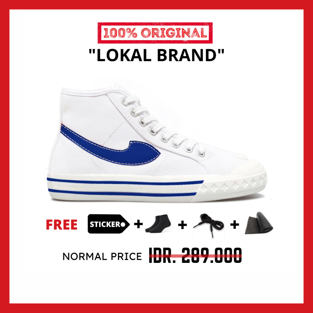 ORIGINAL - Sepatu Brand Lokal Kasual Pria Wanita No Brand White Blue Hi Not Sneakers Compass Retrograde Putih Biru