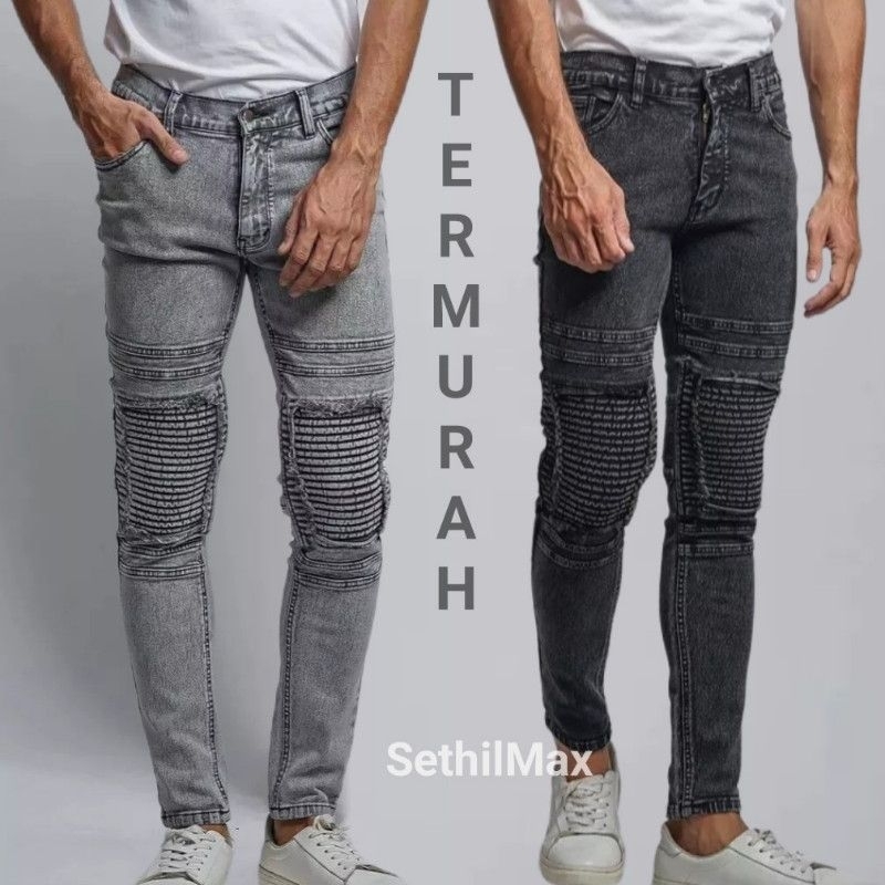 Celana Jeans Sobek Ripped Panjang Pria - Skinny Jeans Bikers Pria Premium