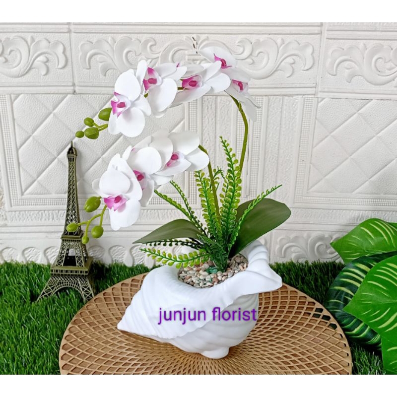 bunga anggrek latex vas kerang plastik