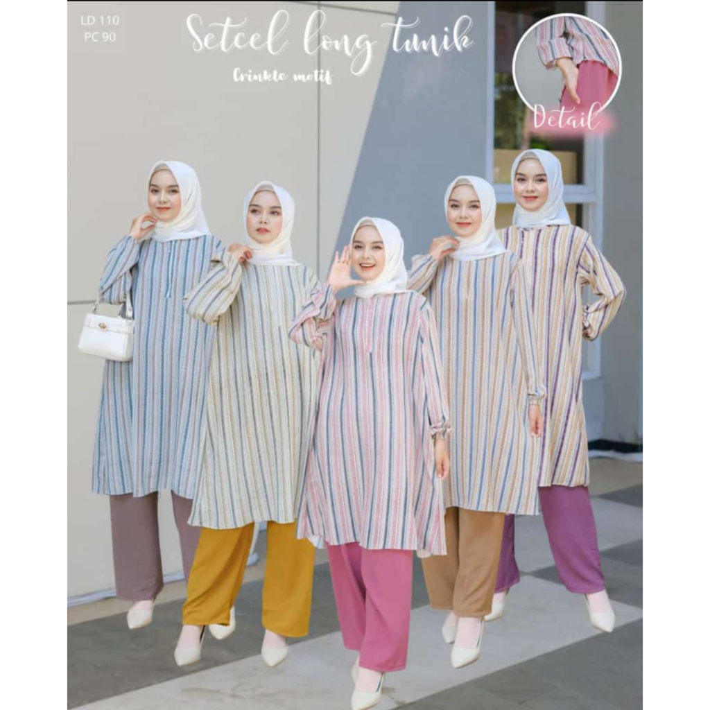 Setcel Setelan Celana Long Tunik Motif Salur Garis