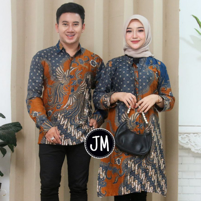 Baju Batik Couple Sarimbit Motif Alexi Oren Orange Lengan Panjang