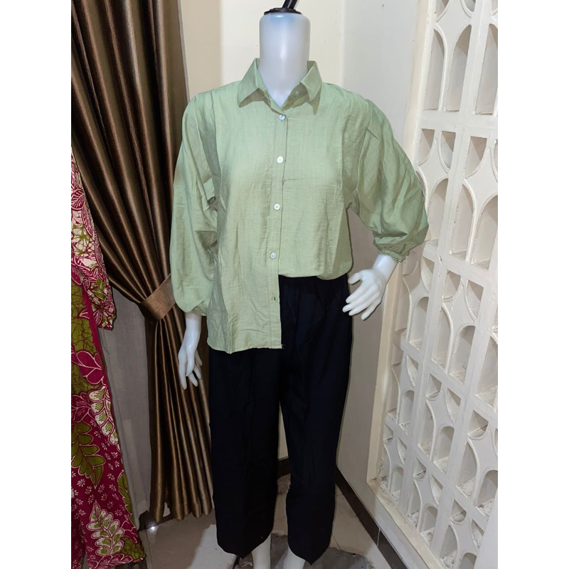 COD Rachel Kemeja Basic Lengan Balon Polo Linen Premium Blouse Pololinen