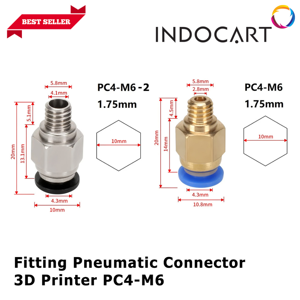 INDOCART Fitting Pneumatic Connector 3D Printer PC4-M6