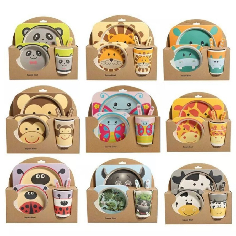 EM Peralatan Makan Anak Set 5 In 1 Tableware Bamboo Motif Kartun