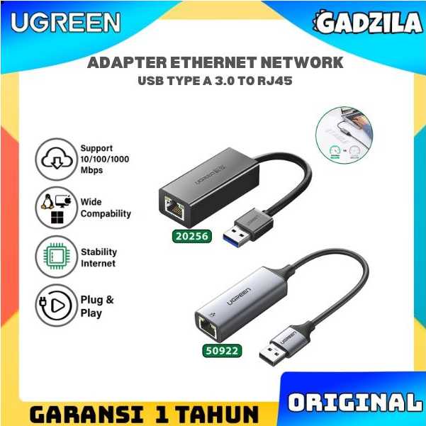 UGREEN Ethernet Gigabit LAN Cable Adapter Network USB To Laptop Macbook Komputer Kabel Sambungan Internet 1000Mbps RJ45 LAN Fast Data Transfer