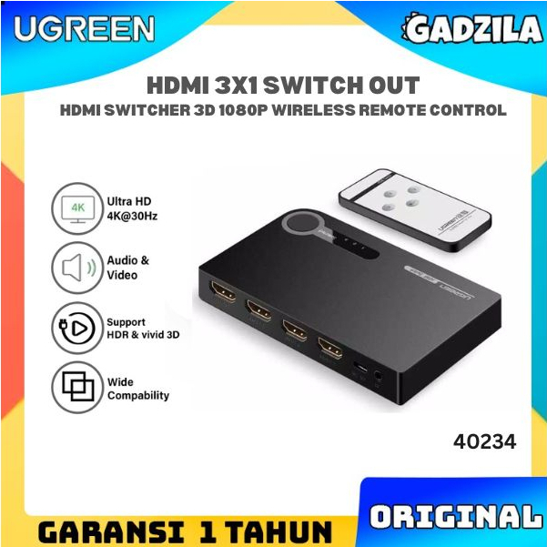 UGREEN 3x1 HDMI Splitter Switch Output 4K x 2K with IR Wireless Remote Control 40234