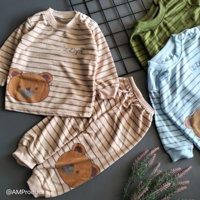 setelan piyama bayi 3-12 bulan motif garis bear