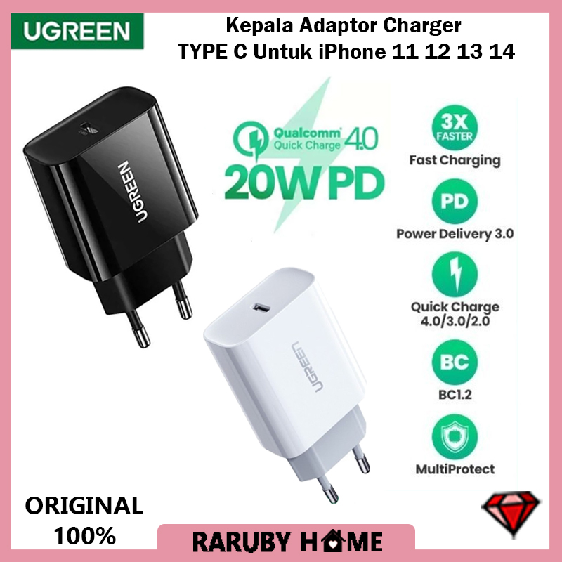 Ugreen Kepala Adaptor Charger Usb C Untuk iPhone 11 12 13 14 Pro Max PD 20W Adapter MFI Type C Outpu