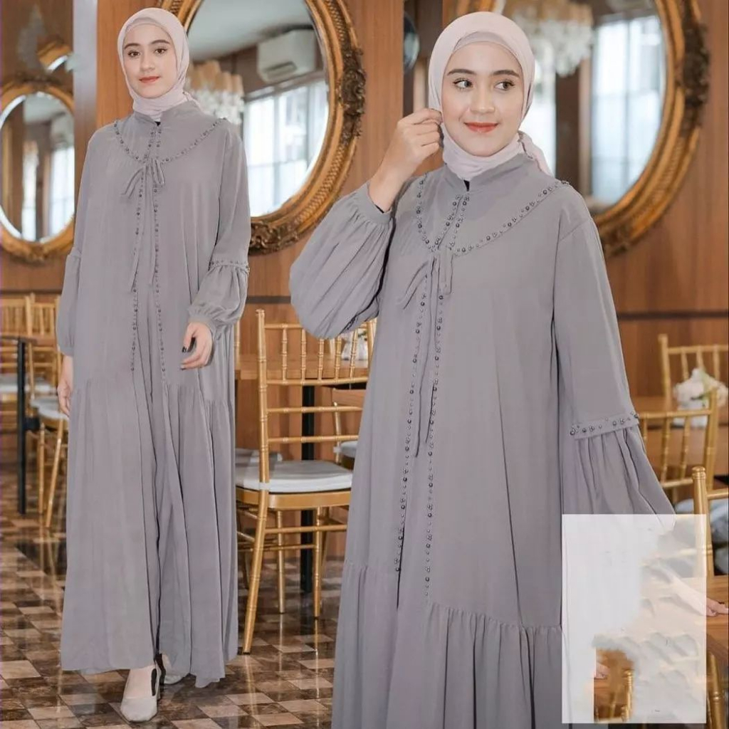 Gamis Dress Ceruty Velia Maxy Fashion Muslim Matt Ceruty Babydoll Full Furing Aplikasi Mutiara Gamis Layer Sage Elegan Kekinian Pakaian Muslim Wanita Gamis Dress