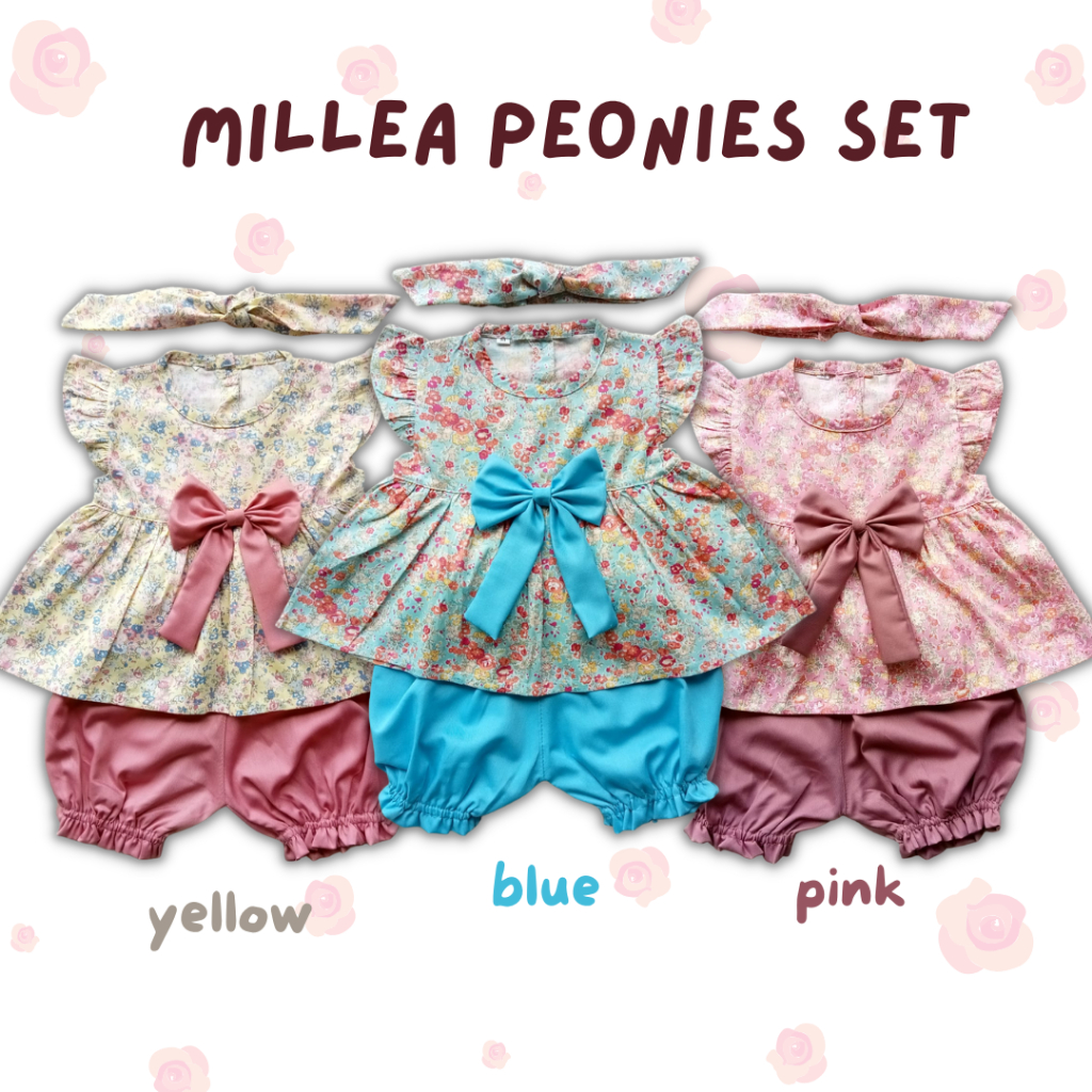 setelan katun anak perempuan harian baby cewek MILLEA ROSE PEONIES SAKURA set 0-2 TAHUN baju bayi anak perempuan setelan anak perempuan