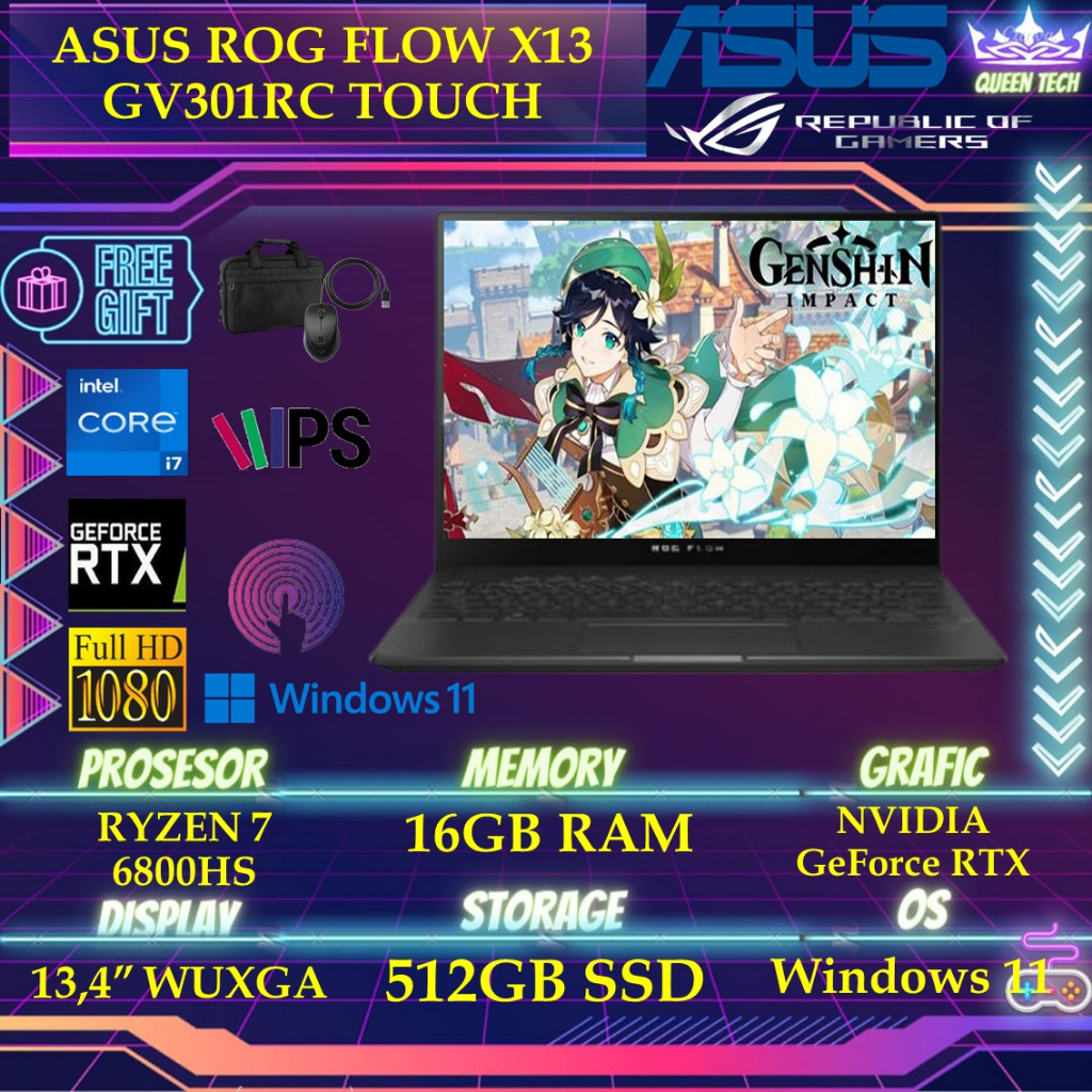 Asus ROG Flow X13 GV301RC R735A6TO Touch RTX3050 4GB - RYZEN 7 6800HS 16GB 512SSD Windows 11 13.4 Inchi WUXGA