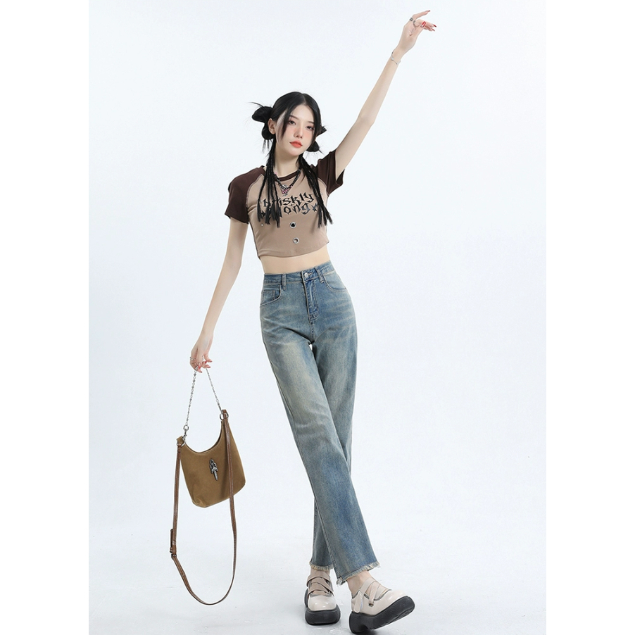 XIAOZHAINV Korean Style Celana Jeans Wanita/ Straight High Waist Pants Biru Muda 0789