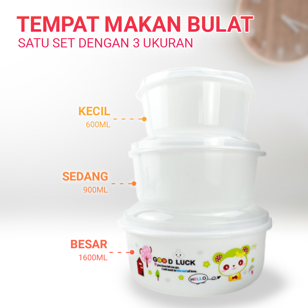 Tempat Penyimpanan Makanan Bentuk Bulat Plastik Multifungsi 3 in 1 /1 Sett