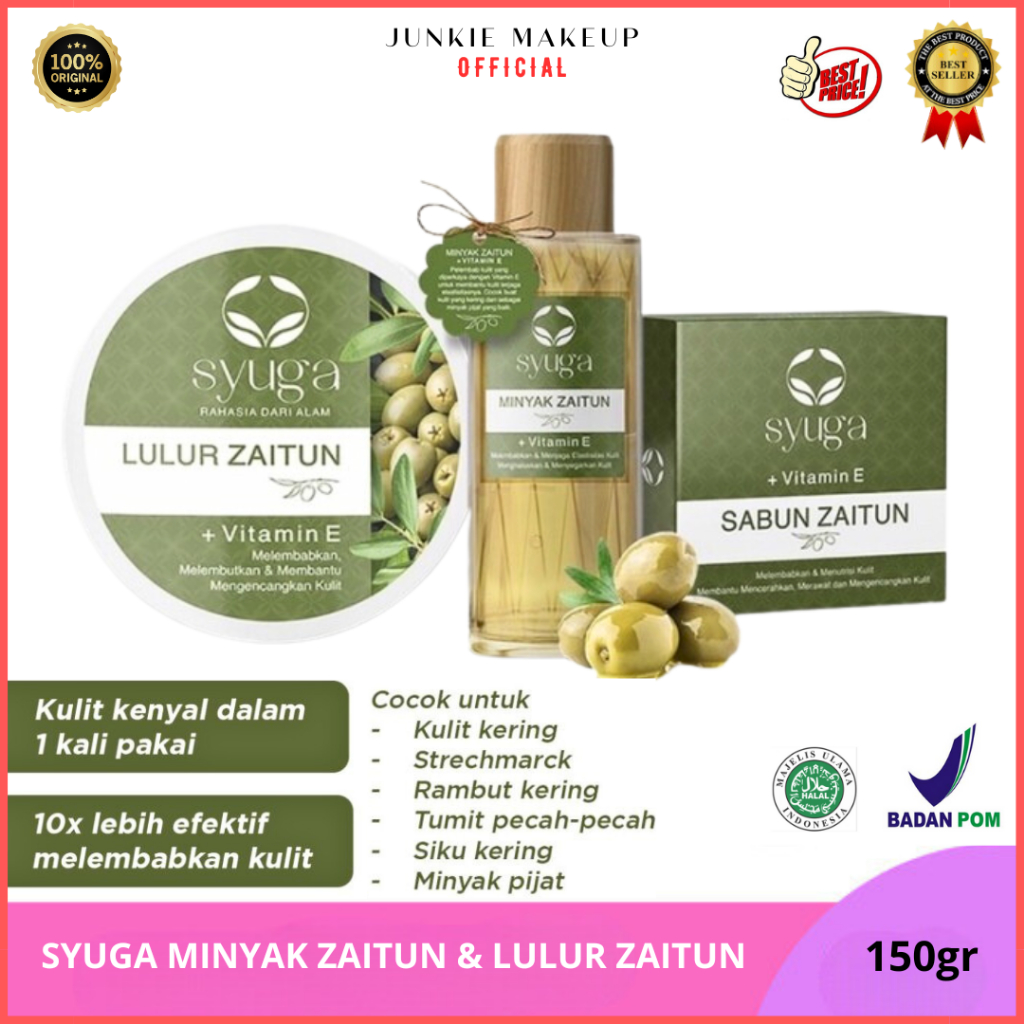 𝗝𝗨𝗡𝗞𝗜𝗘 𝗠𝗔𝗞𝗘𝗨𝗣 - Zaitun Oil 150gr HALAL & BPOM/ Minyak Zaitun Syuga & Lulur Zaitun + Vitamin E Memban
