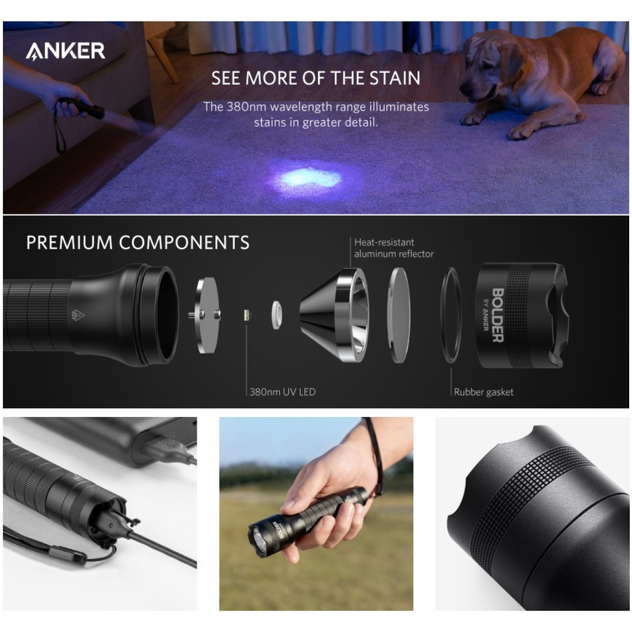 Anker Bolder Ultraviolet Rechargeable Flashlight 380nm UV LED - SKU T1429 - Garansi Resmi 18 Bulan