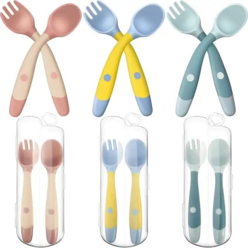 Sendok garpu makan bayi silikon 2in1 termasuk kotak / Spoon fork baby kids silicone
