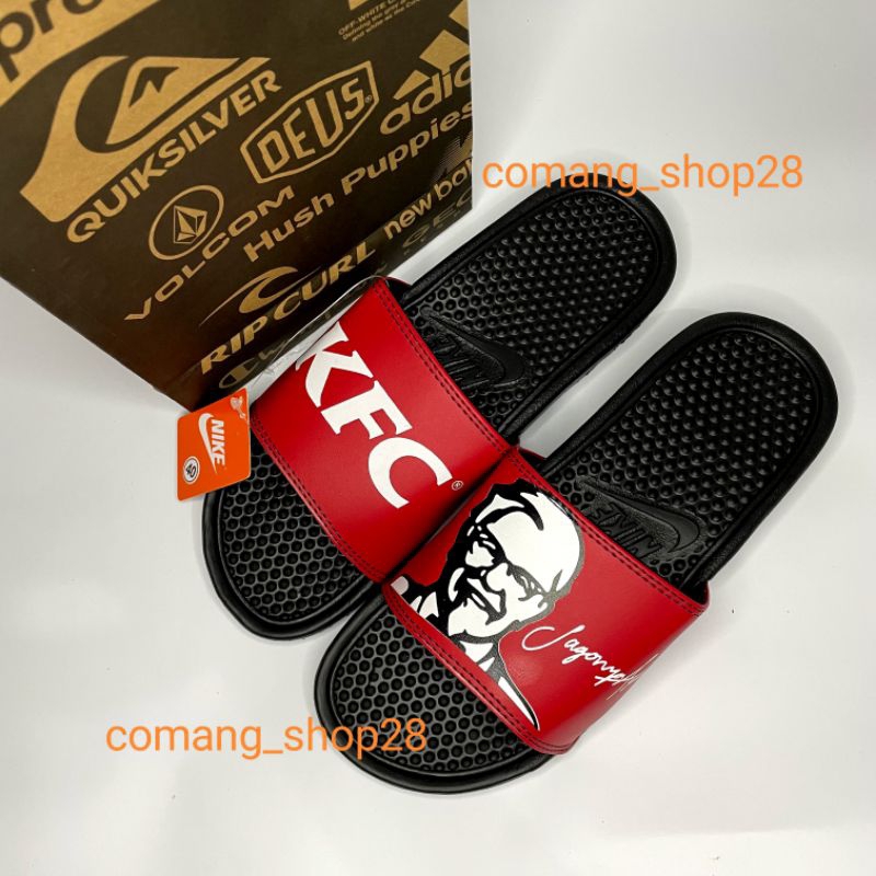 Sandal Sendal Slop Selop Slip On Slide Pria Wanita Cowok Cewek Laki Laki Casual Kekinian NK KFC Hitam Merah