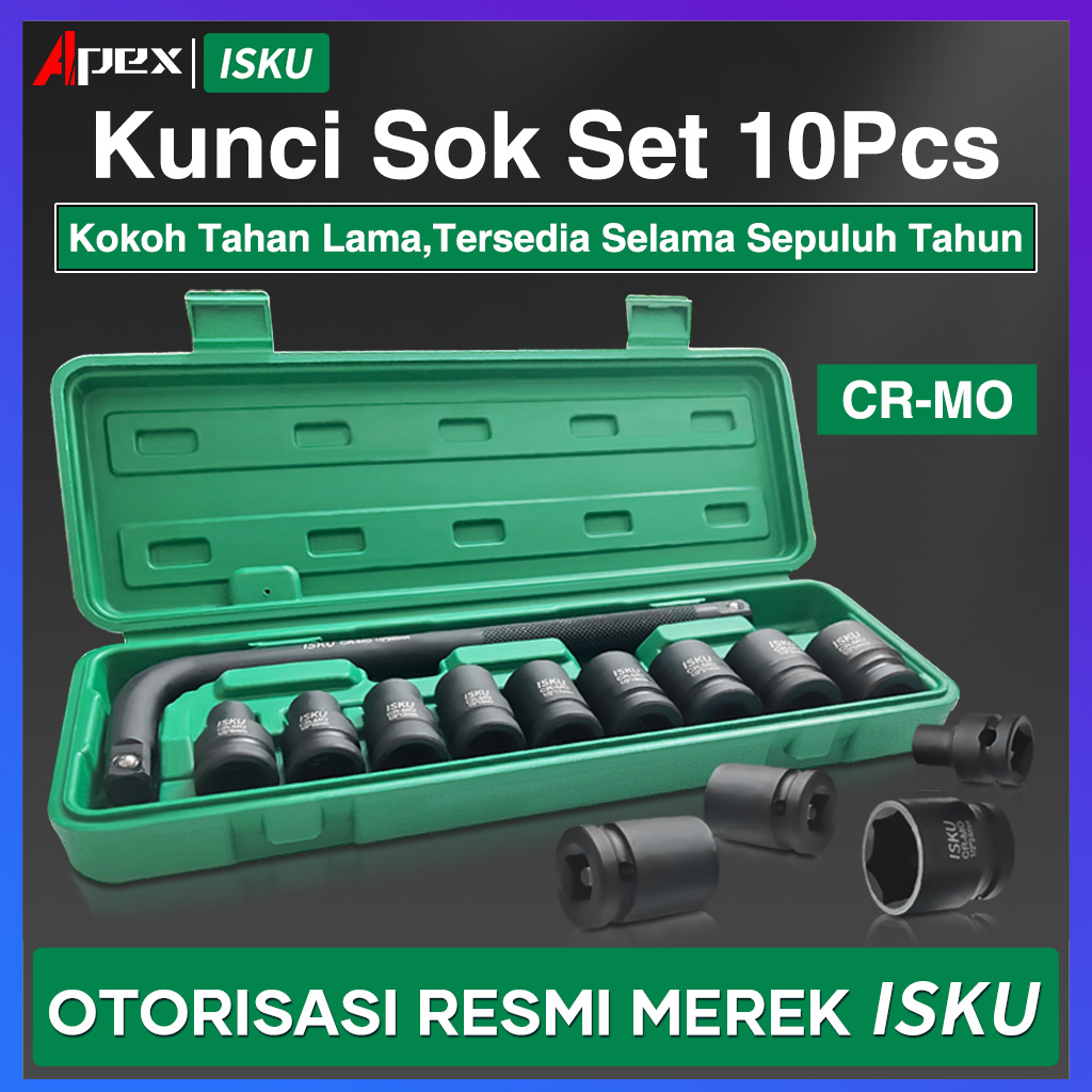 ISKU Kunci Shock Set 10pcs 8-24mm/Socket Kunci Set Motor/Socket Wrench Set Sok/mata sok 1/2 inch