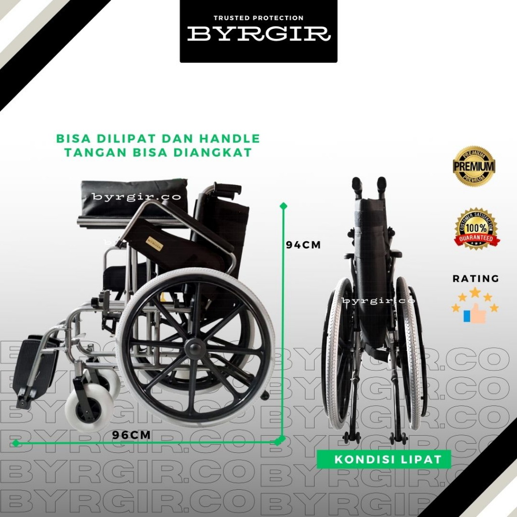 BYRGIR Kursi Roda Lipat Wheelchair Ukuran Big Size Jumbo Besar Travel Traveling Portable Comfort Kokoh Dan Kuat Nyaman Praktis Berat Pengguna Hingga -200KG