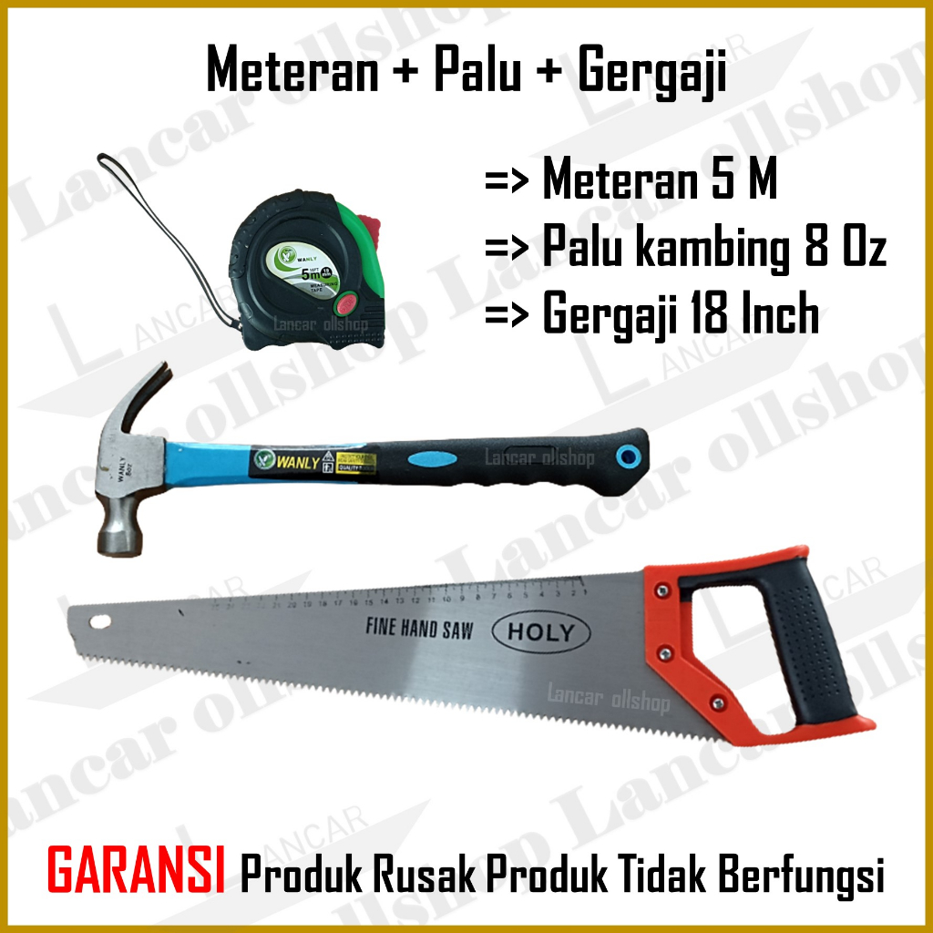 Paket Gergaji Kayu Gagang Plastik 18 inch / Gergaji Tukang / Gergaji Murah Meteran Karet 5 M Palu Kambing 8 Oz