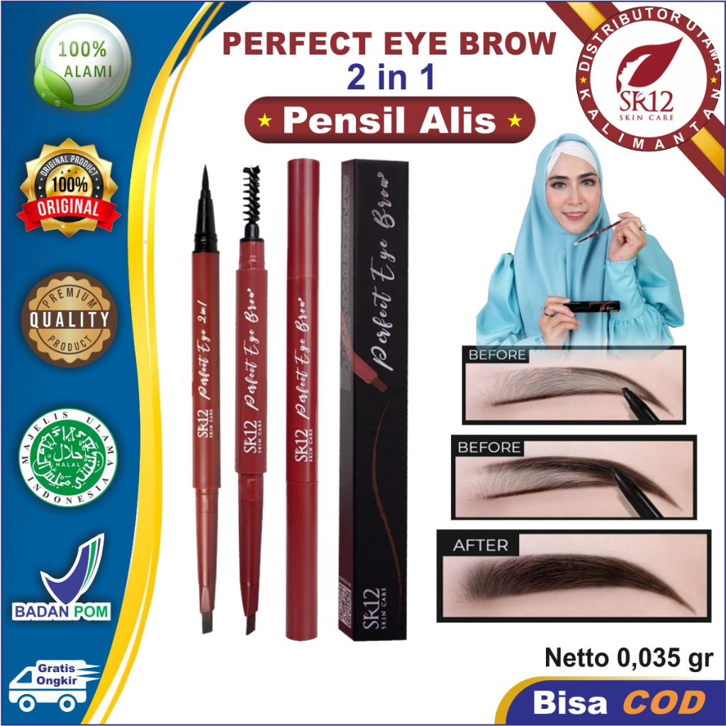 Pensil Alis Perfect Eye Brow &amp; Eye Liner SR12 | Eye Brow 2in1 | Eye Brow Waterproof | Pensil Alis SR12 | Pensil Alis 2in1 | Mempercantik Alis | Kuas Pencil Alis Coklat Bpom Mudah Diaplikasikan | Kosmetik Mata