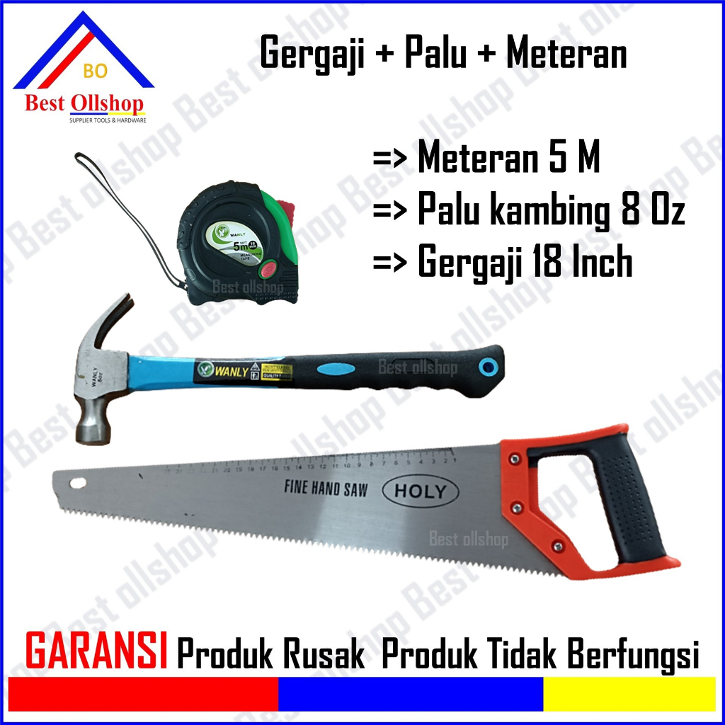 Meteran Karet 5 Meter / Meteran Murah / Meteran Tukang Palu Kambing Gagang Fiber 8 Oz Gergaji Kayu Gagang Plastik 1 Paket