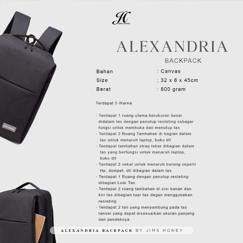 Alexandria Bag Tas ransel pria wanita unisex original jims honey realpic tas kerja impor murah exclusive official store