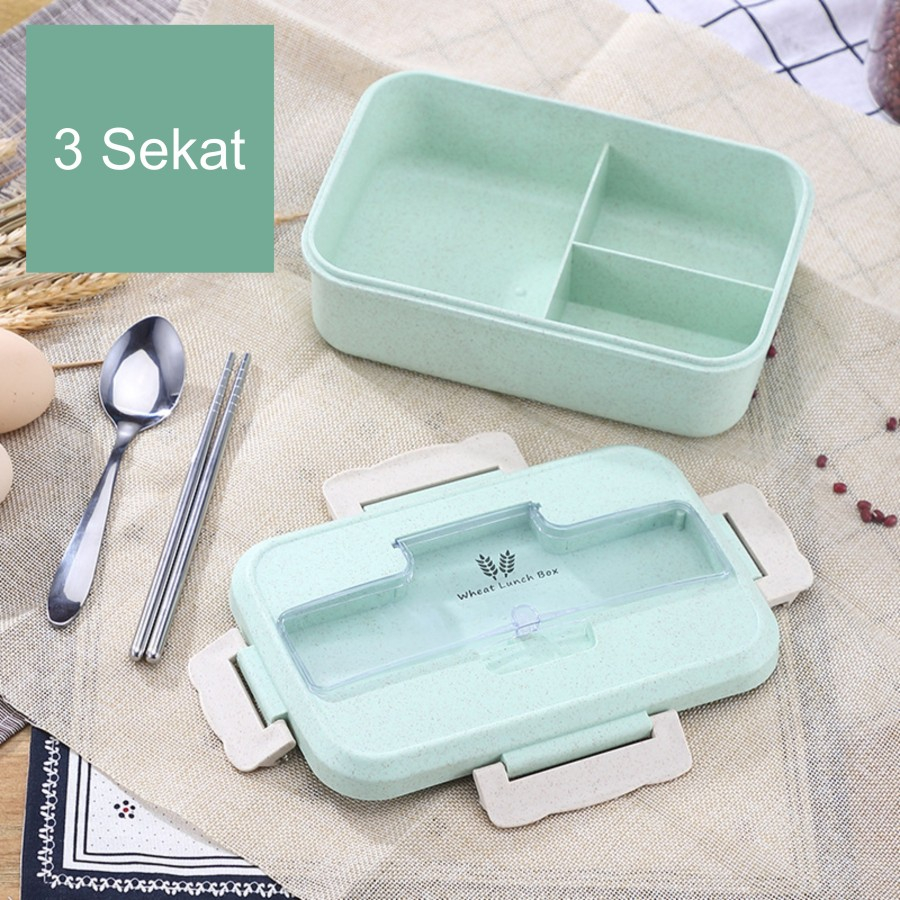 LUNCH BOX SET KOTAK BEKAL MAKAN JERAMI GANDUM KOTAK MAKAN ​1000ML 4-IN-1 FREE SENDOK TEMPAT MAKAN