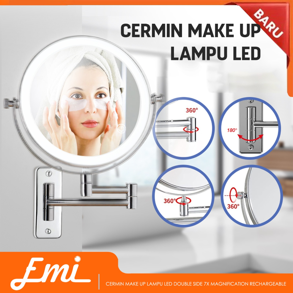 Cermin Make Up Lampu LED Double Side 7X Magnification Rechargeable