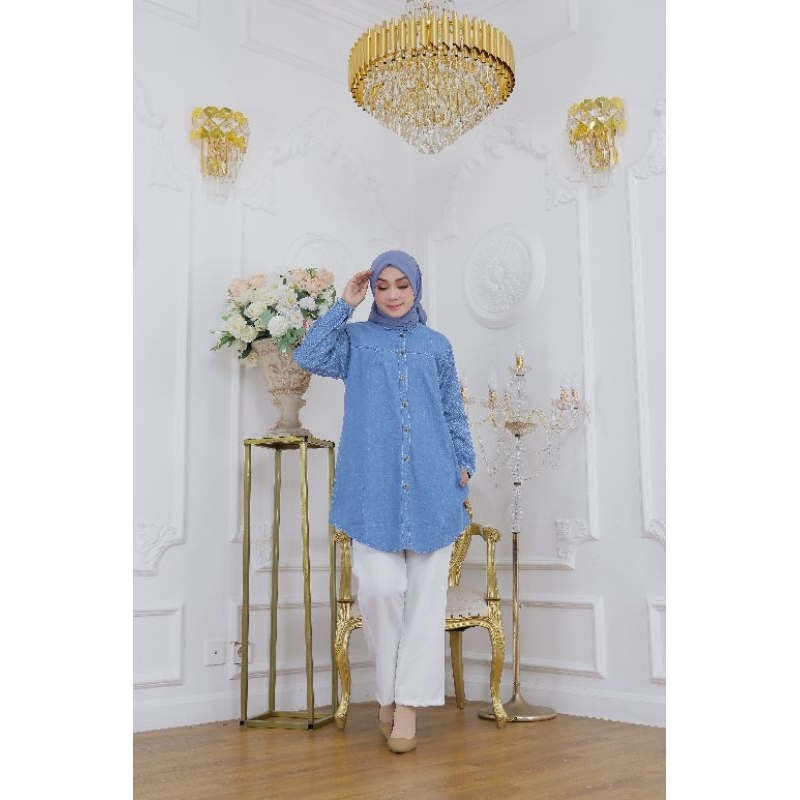 Semi Tunik Kemeja Kombinasi Lengan Motif Kotak-Kotak Bahan Jeans Denim 6 1/2 oz Warna Biru Muda Ukur