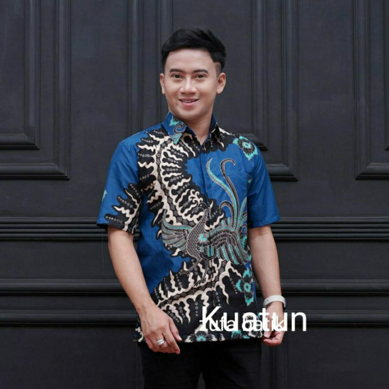 Kemeja /Hem Batik Pria Lengan Pendek Motif Bunga Sakura Biru