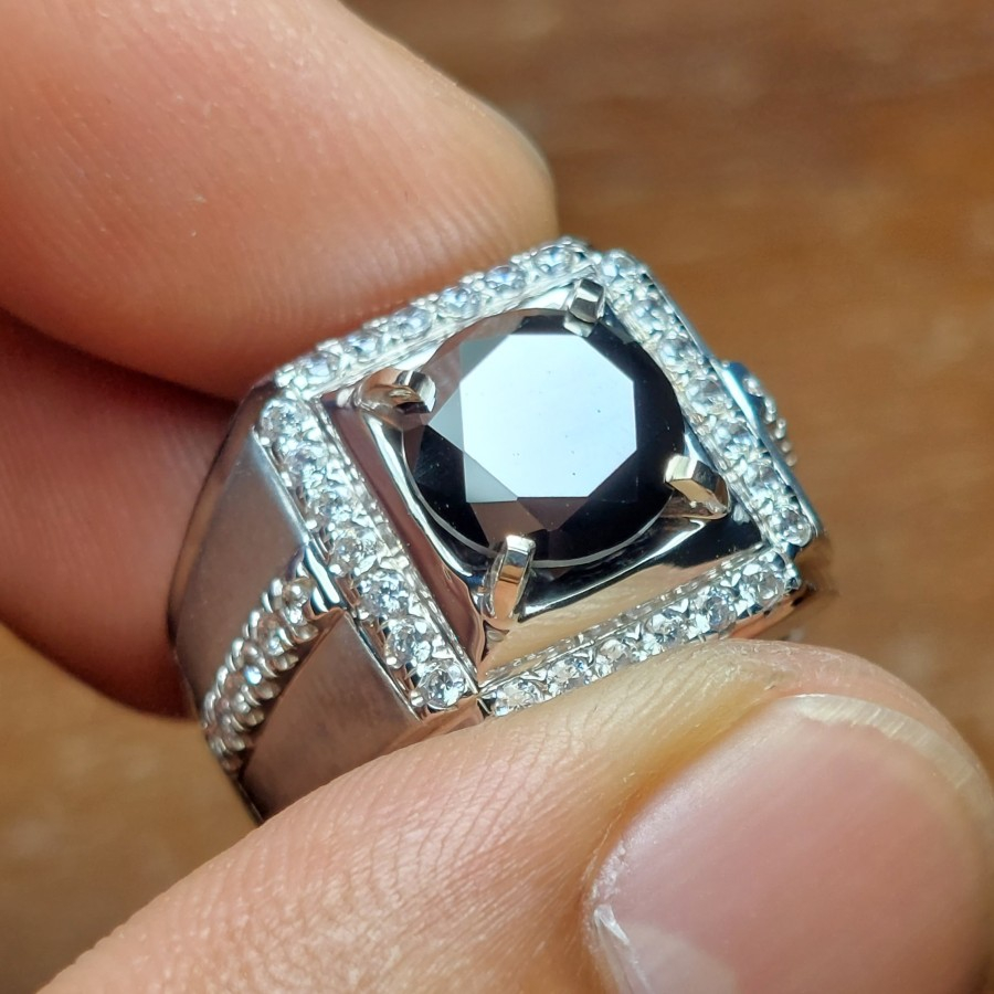 Cincin Pria Batu Black Moissanite Like Berlian Hitam Permata Mulia