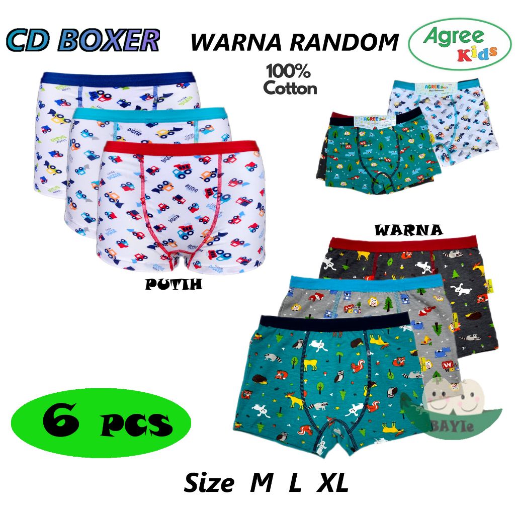 BAYIe - 6 PCS Celana Dalam / CD Anak Laki-laki Cowok BOXER AGREE KIDS 6166 Motif RANDOM/ Kid's Underwear Size M L XL