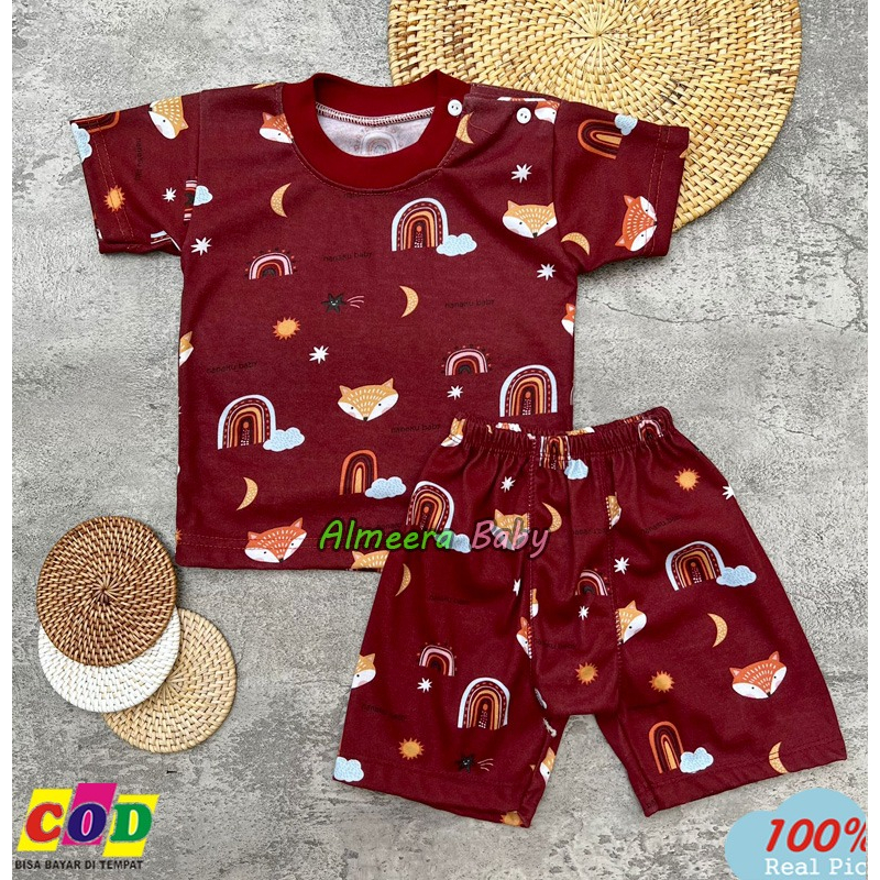 Setelan Baju Bayi Piyama Lengan Pendek Kancing Pundak Motif Printing Pelangi Usia 3-12 Bulan Almeera Baby and Kids