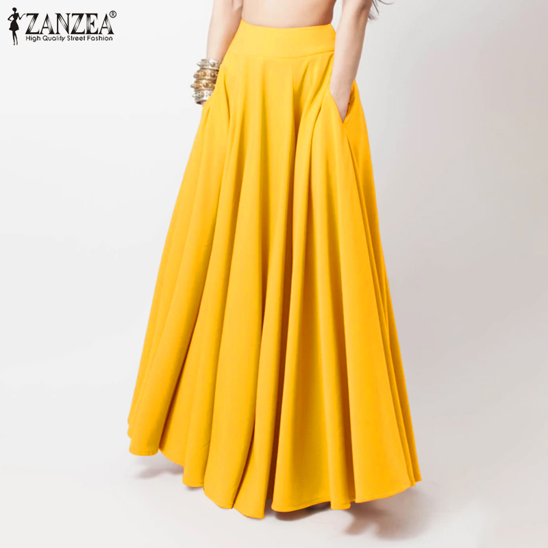 ZANZEA Women Elastic Waist Solid Color Swing Pleated Casual Maxi Skirt