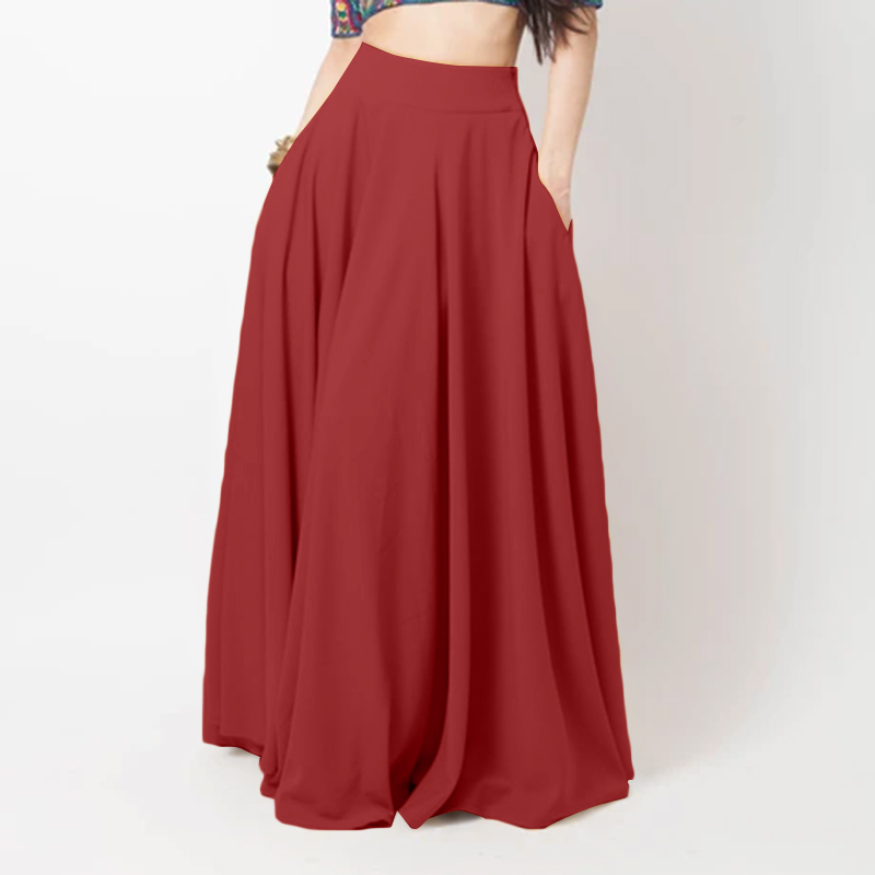 ZANZEA Women Elastic Waist Solid Color Swing Pleated Casual Maxi Skirt