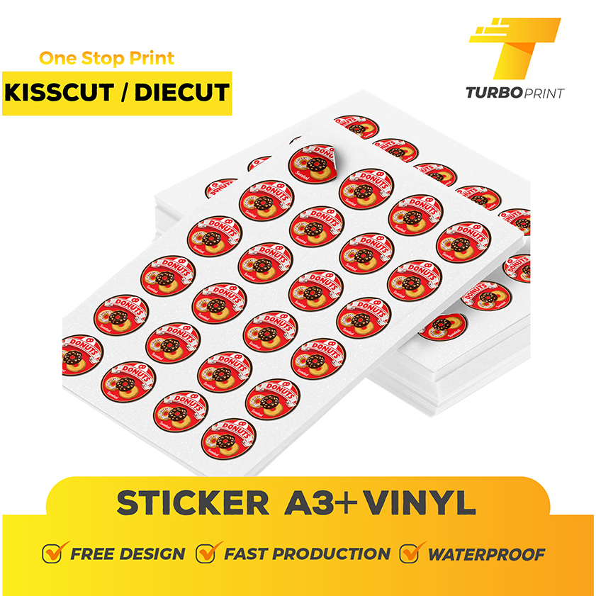 

CETAK STICKER A3+ VINYL/ PRINT CUSTOM STIKER LABEL KEMASAN LEMBARAN / CUTTING SETENGAH PUTUS / POTONG PUTUS