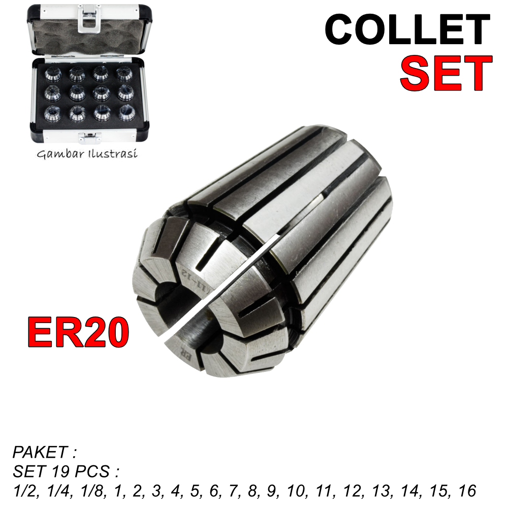 Paket Collet ER 20 Set Arbor Chuck ER20 Milling Adapter Penjept Endmill CNC