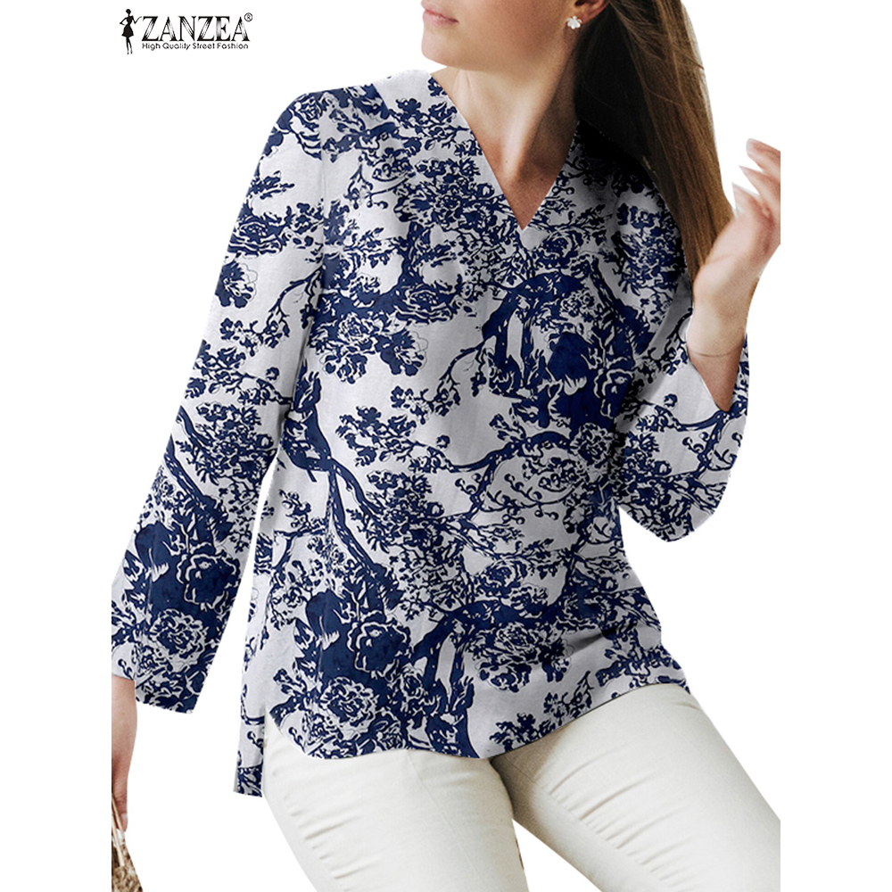 ZANZEA Women European Daily Cotton Print V-Neck Long Sleeve Slit Blouse
