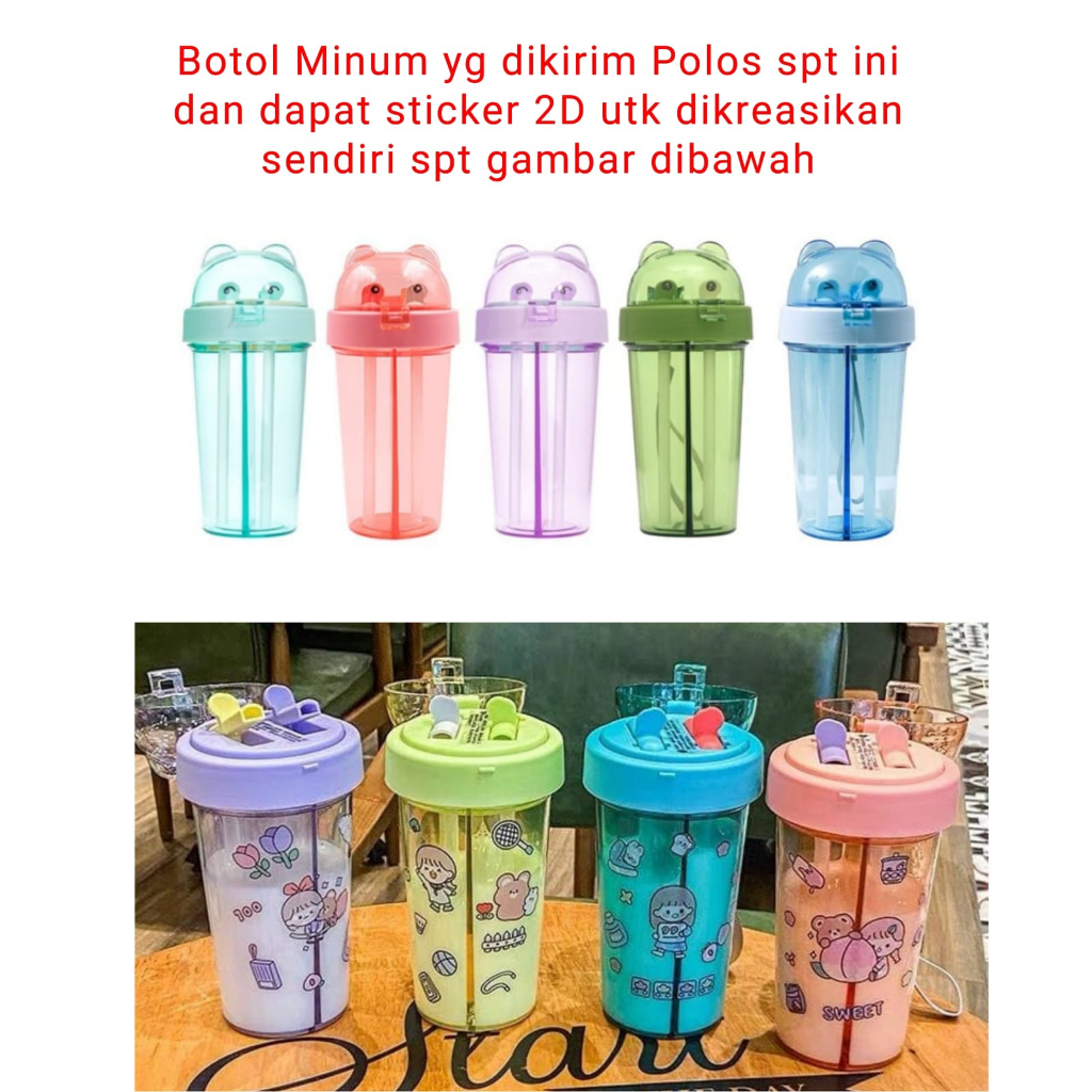 Botol Minum 2 sisi sedotan Free Sticker 2D