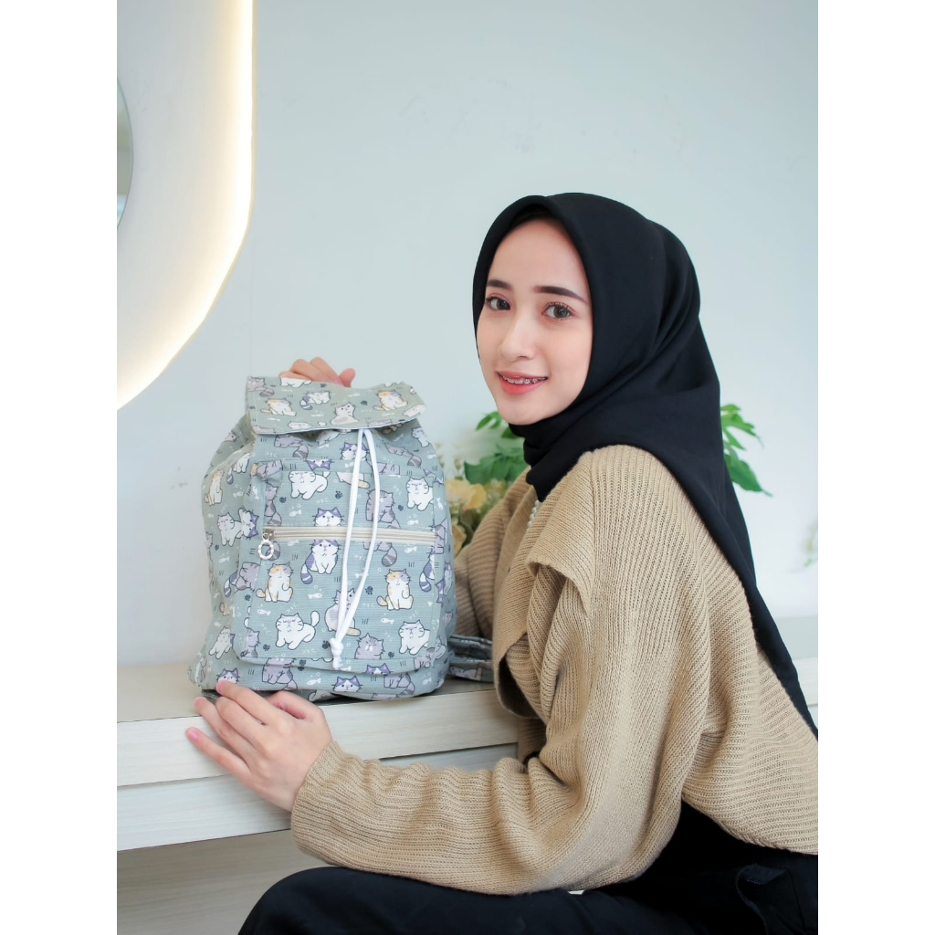 RANSEL SERUT KUCING HIJAU SAGE // taskanvasbdg - tas kanvas fashion - tas ransel wanita sage green - tas wanita - tas lucu - cewe