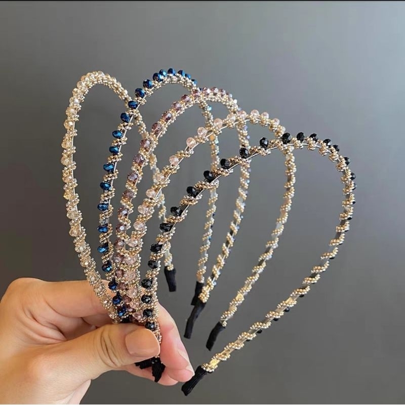 Bando Rambut Wanita Premium Besi Metal dengan Hiasan Diamond Permata Warna warni / Bando Mutiara Pre