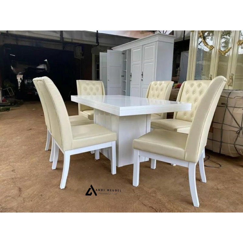 Dining Table Set Meja Makan Shabby 6 Kursi Mewah Modern - C06