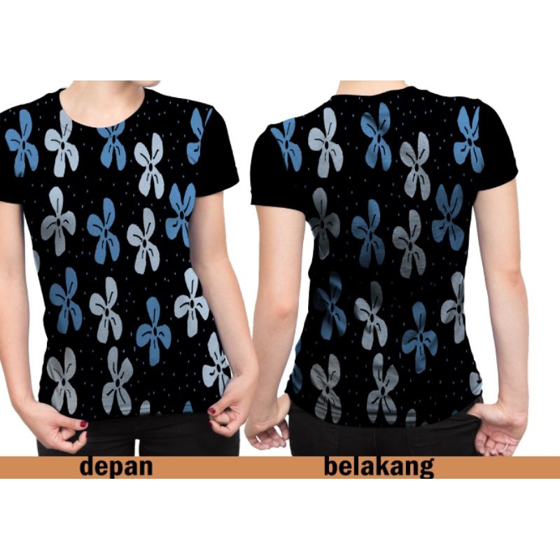 BAJU KAOS WANITA MOTIF BUNGA BIRU